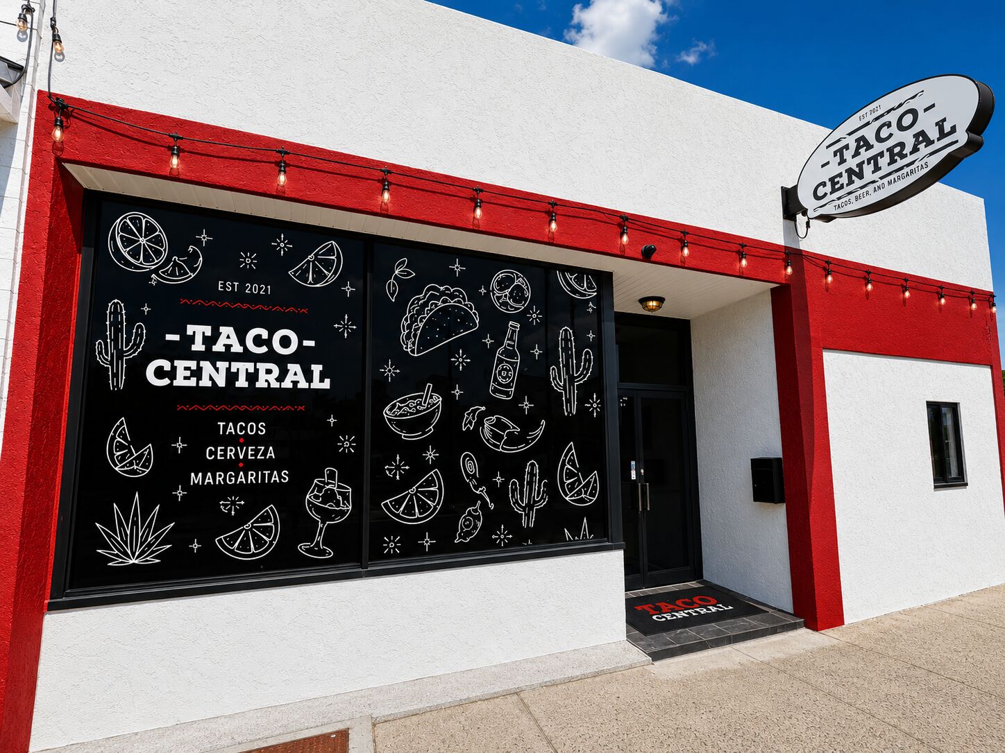 Design mockup of the Taco Central custom storefront window graphics